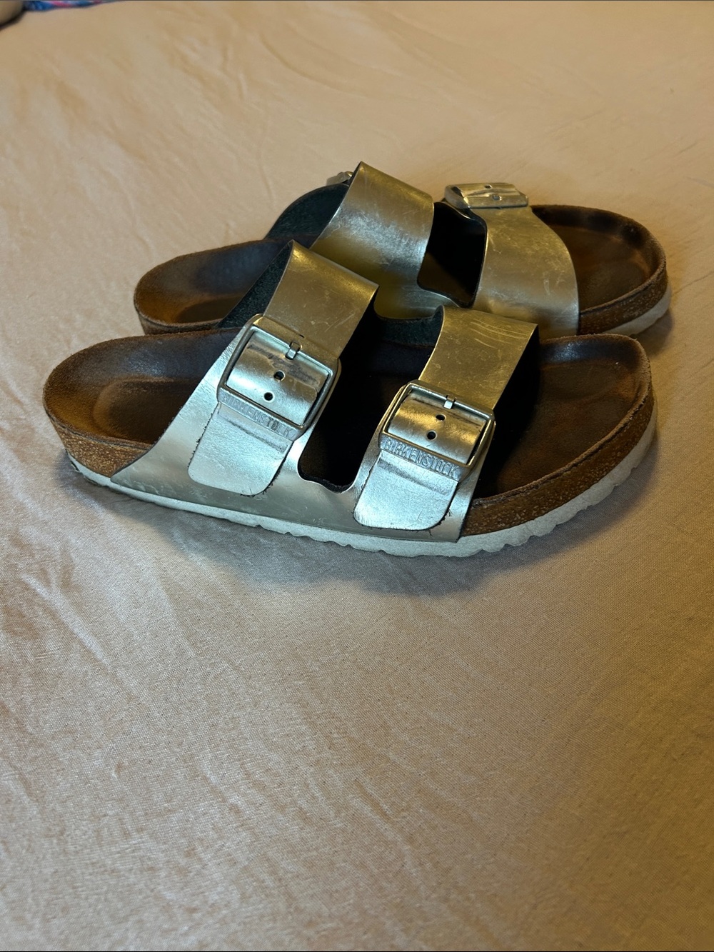 Birkenstock Arizona Metallic Silver Double Buckle Sandals